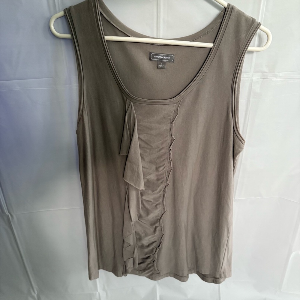 Johnston & Murphy Tan Green Ruffled Sleeveless Tank Top